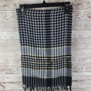 Plaid Black and Gray Scarf with Fringe